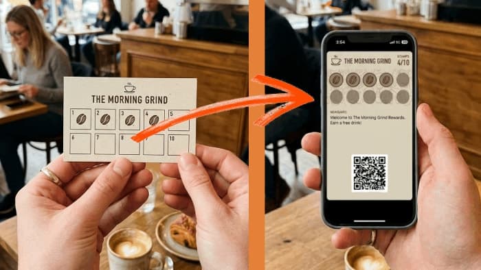 A paper punch card transforming into a branded loyalty card in Apple Wallet